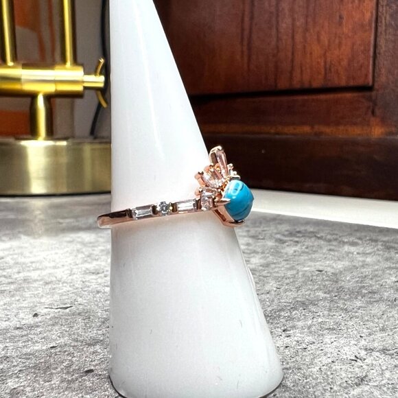 Ring Bomb Party Ring, size 7, turquoise blue, rose gold band, CZ type accents - Picture 3 of 5
